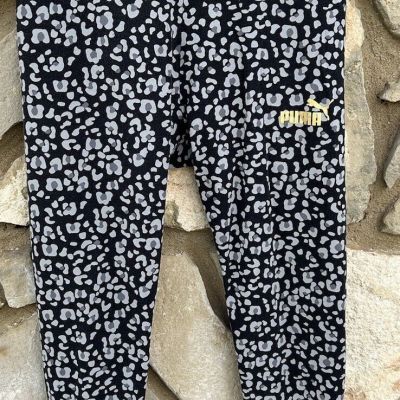 PUMA Leggings Small Gray Black Leopard Print Leg Spell Out Excellent Condition